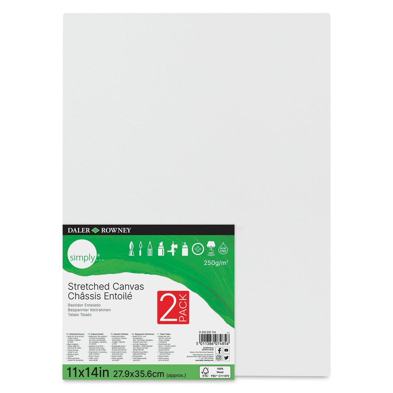 Daler-Rowney Simply Stretched Cotton Canvases - Pkg of 2, 11" x 14"